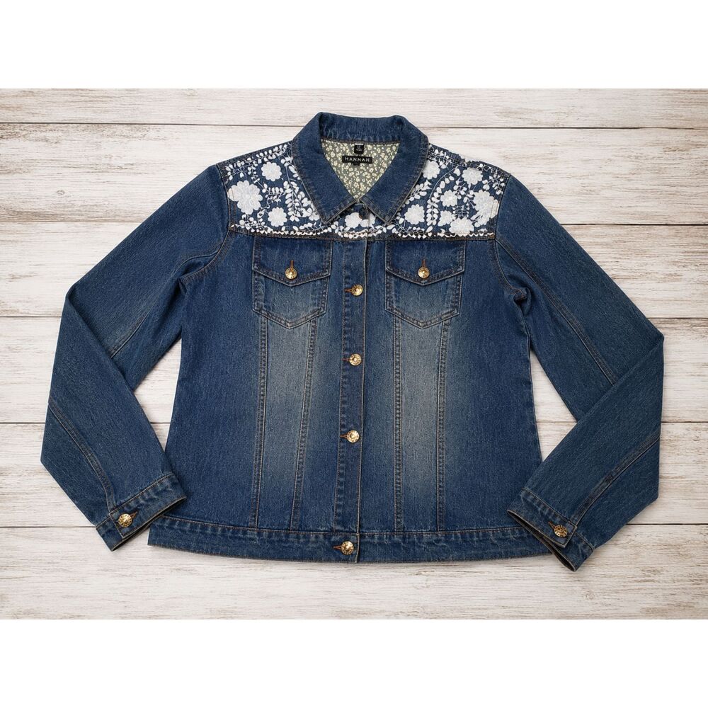 HANNAH Women's XL Denim Jacket Floral Embroidered Gold Buttons Blue Boho